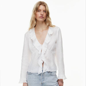 Aritzia Wilfred White 100% Linen Frenchy Linen Blouse Ruffle Tie Front Size S